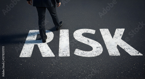 Rear View Of Businessman Walking On Asphalt With White Risk Text Painted On Ground