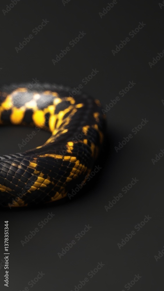 Obraz premium Black and Gold Snake Closeup, Detailed texture of a black snake with gold accents.