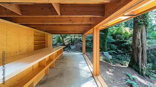 A wooden interior space overlooking a lush green forest scene