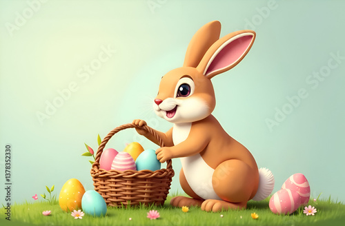 Easter holiday, hare with a basket of Easter eggs, Easter bunny and eggs. Illustration
