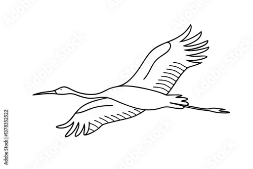 Elegant Crane Bird in Flight, Line Art Drawing, Simple Design