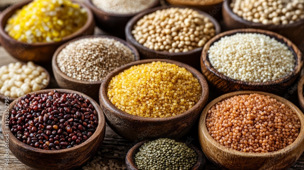 Assortment of Grains and Seeds in Wooden Bowls Assortment of Grains and Seeds in Wooden Bowls