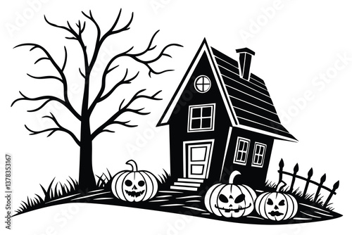 A cartoon house with a tree, a vector illustration of a cottage in a summer landscape