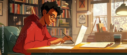 A view of young person using and sitting in front of a computer in the room at home by bookshelf.