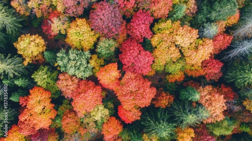 Vibrant Autumn Forest Canopy from Above - Aerial View of Colorful Fall Foliage with Red, Orange, Yellow and Green Leaves Creating a Stunning Mosaic Pattern in Dense Woodland
