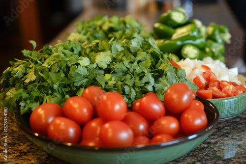 Fresh cilantro, tomatoes, onions, and peppers creating vibrant salsa ingredients