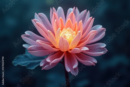 Dahlia flower with dewdrops in early morning light