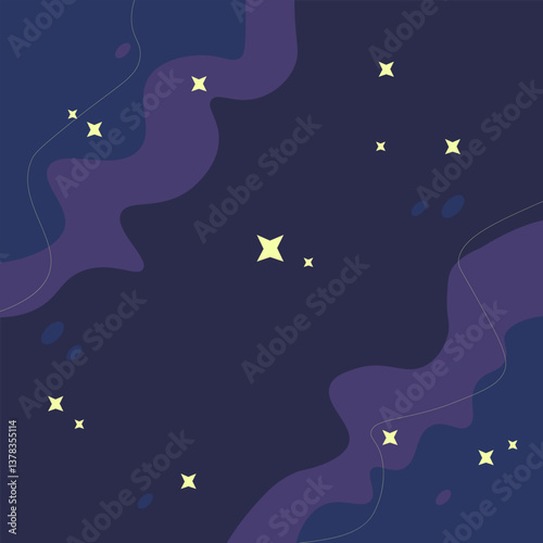 Retro Trendy Abstract Shapes Stars Dark Night Wavy Sky Dreamy Celestial Vector Design