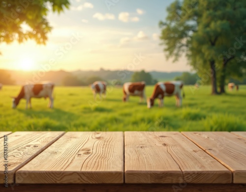 Empty wooden table top against green grass field background, cows graze in pasture. Rustic, natural, eco-friendly farming, countryside landscape. Rural scene for food, product display, farm tech.