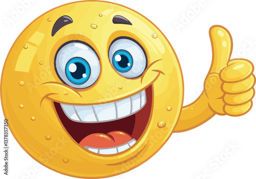 Happy smiling cartoon emoticon with a yellow face and a fun expression