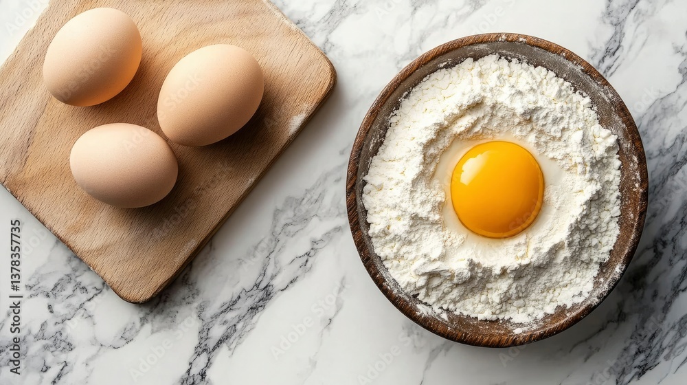 Three Eggs and Flour with Yolks on Marble Background Three Eggs and Flour with Yolks on Marble Background