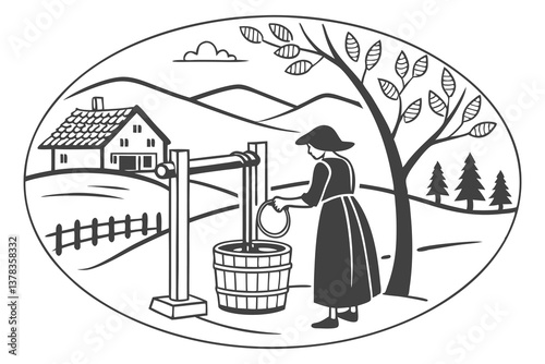 a circular frame depicting a rural scene with a woman drawing water from a well 