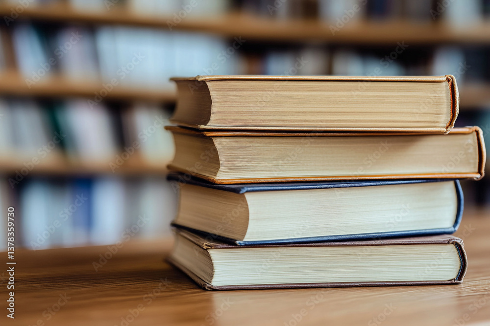 Stack of Four Hardcover Books on Wooden Table, Library Bookshelf Background Stack of Four Hardcover Books on Wooden Table, Library Bookshelf Background