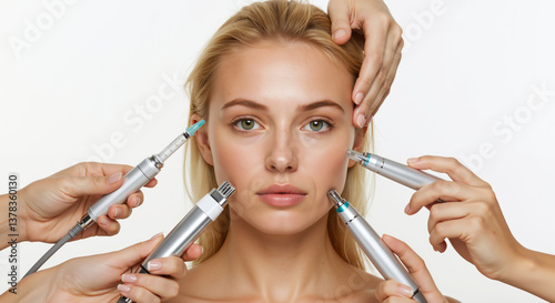 Woman surrounded by multiple hands holding beauty devices against white background. Modern skincare technology, beauty procedures. Aesthetic medicine services.