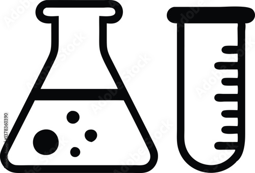 Black Outline Lab Equipment, Chemistry Beaker and Measuring Test Tube on White