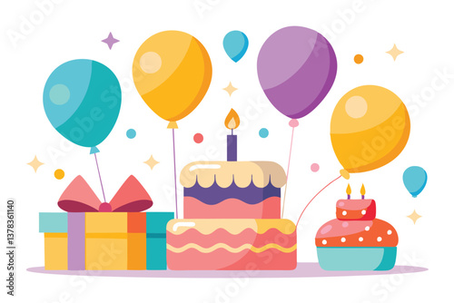 Birthday Cake Presents Balloons Celebration Festive Flat Design