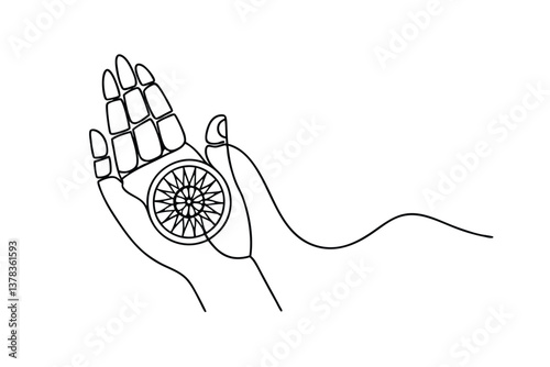 Buddhas Dharma chakra Hands Meditation Mindfulness Spiritual Enlightenment Peace Symbolism Art Line D