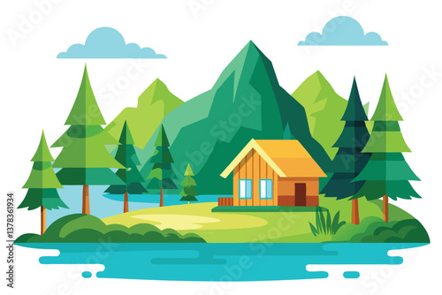 Cabin by Lake with Mountain View, Flat Design, Summer Trees, Vacation,
