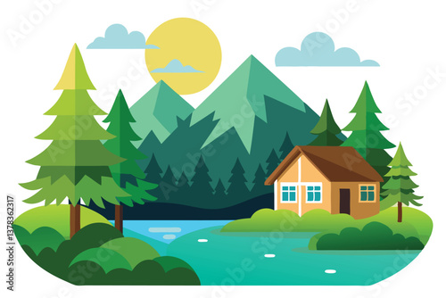 Cabin by Lake with Mountains, Cartoon Trees, Sunlight, Nature Landscape