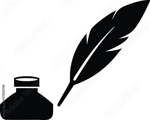 Black Silhouette of Feather Quill Pen with Ink Bottle Isolated on Transparent Background