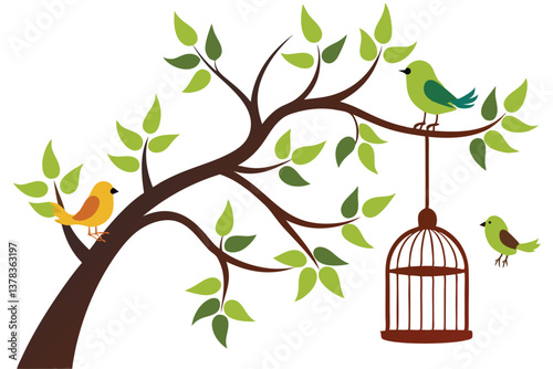 Cartoon Birds on Tree Branch with Birdcage Against White Background