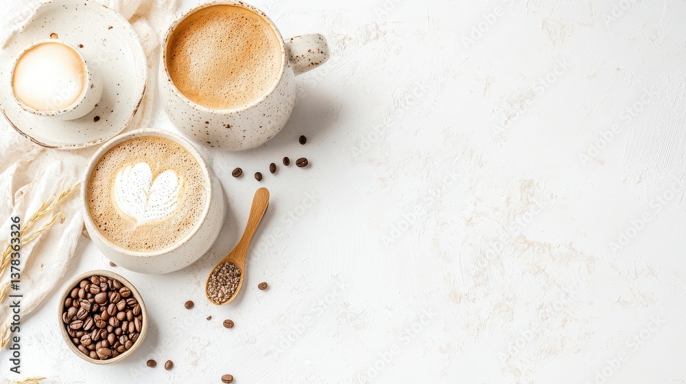 Three Cups of Coffee with Latte Art on White Background