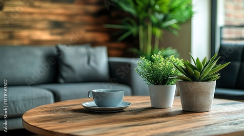 Cozy Living Room Interior with Plants and Coffee Cup on Wooden Coffee Table