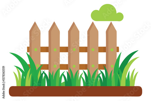 Cartoon Brown Picket Fence with Green Grass and Cloud Isolated on White Background