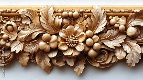 Ornate wood carving border, floral design, light background, interior decor
