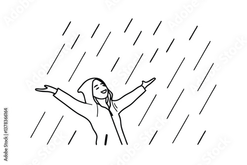 Joyful Woman in Rain, Happy, Relaxed, Peaceful, Rainy Day Embrace