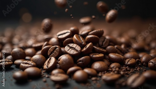Close-up of roasted coffee beans, dark background with bokeh. Grains falling, levitating. Delicious aroma for breakfast, cafes. Energy drink, caffeine, ingredient. Food, drink concept.