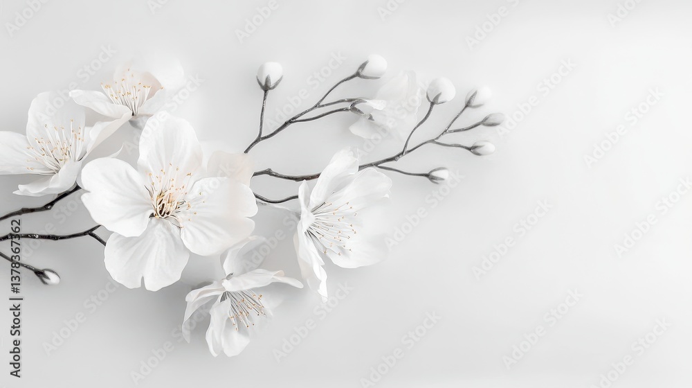 Fototapeta premium White Blossoms on Gray Background Delicate Spring Branch Photography