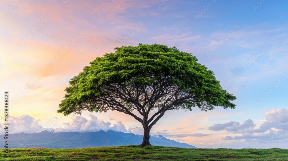 Obraz premium Lush Green Tree at Sunset, Majestic Mountain View