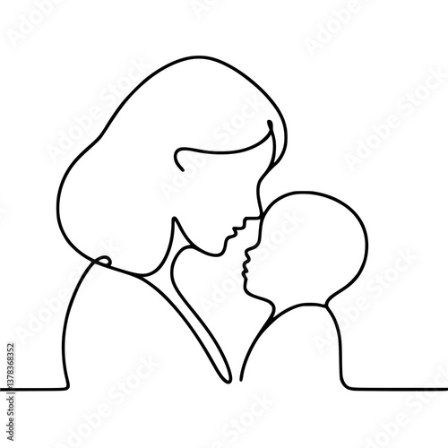 Mother and child embracing in a line drawing style on transparent background    