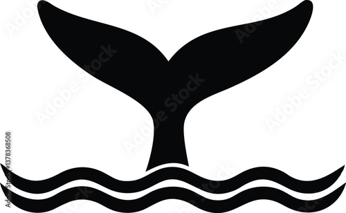 Black Whale Tail Silhouette with Waves on Transparent Background Art