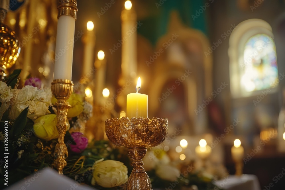 Fototapeta premium A Serene Candlelit Scene, Wonderfully Decorated with Beautiful Blossoms and Exquisite Decorative Easter Eggs