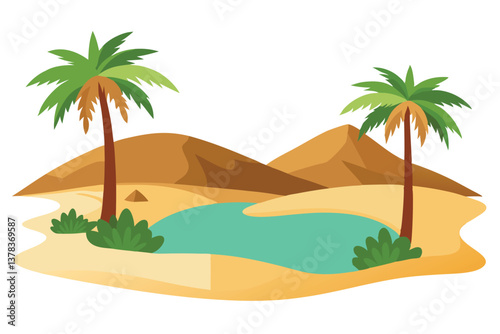 Cartoon Oasis with Palm Trees, Turquoise Water, Sand Dunes, Flat Landscape on White