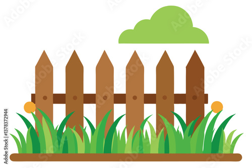Cartoon wooden fence with green grass and decorative plants on white background