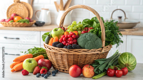 Wallpaper Mural A visually appealing arrangement of fruits and vegetables in a wicker basket, set against a modern kitchen backdrop, promoting healthy eating. Torontodigital.ca