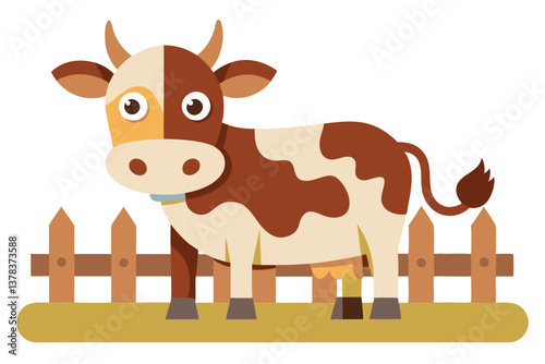 Cartoonish Brown and White Cow with Fence, Farm Animal Isolated on White Background