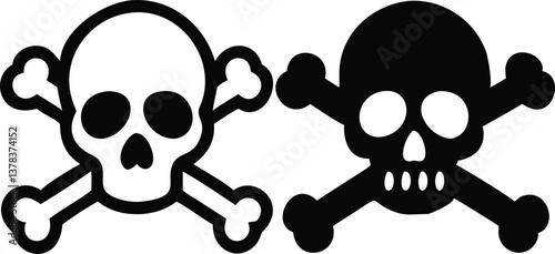 Cartoonish Skull and Crossbones Duo, Black and White, Icons, Transparent Background