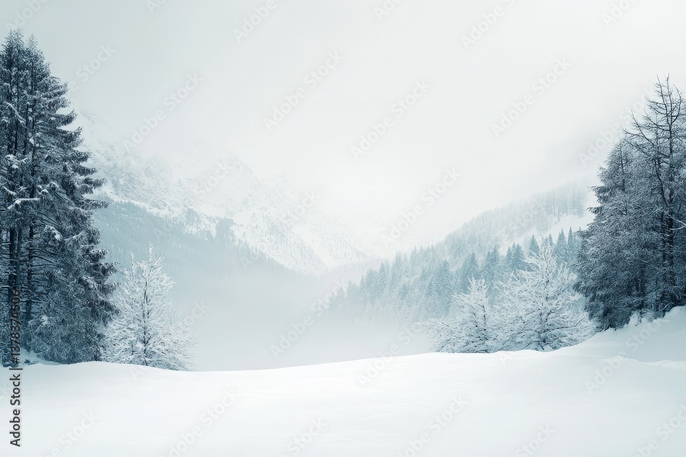 Obraz premium Winter Wonderland : Snowy Mountainscape - Serene winter scene, snow-covered mountains, frosted trees, tranquil atmosphere, peaceful landscape. Evokes feelings of calm, beauty, and winter's magic