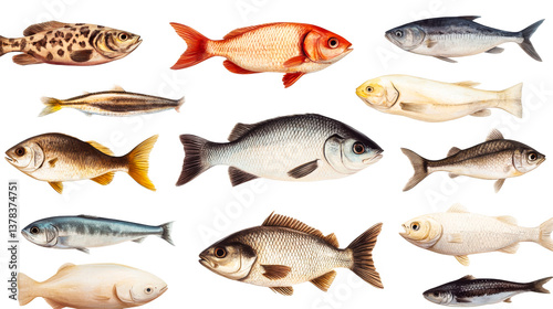 Colorful fish species illustration, educational naturalistic drawing, cut out transparent