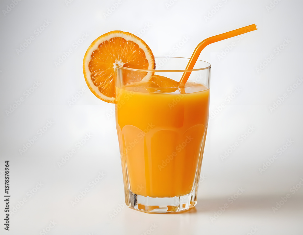 Fototapeta premium Delectable orange juice glass set with a tasty orange slice and a straw isolated on a white background.