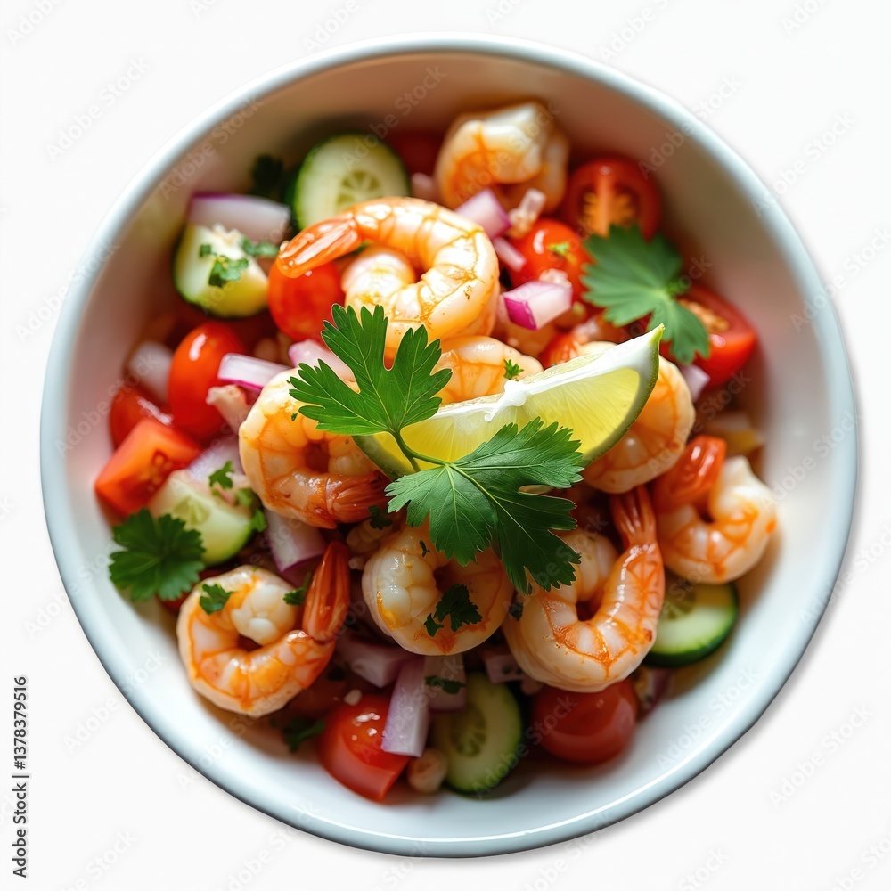 Fresh seafood ceviche served in white bowl. Contains shrimp, lime, cilantro, cucumber, red onion, tomato. Healthy fresh delicious meal, popular cuisine from Peru South America. Fresh seafood ceviche served in white bowl. Contains shrimp, lime, cilantro, cucumber, red onion, tomato. Healthy fresh delicious meal, popular cuisine from Peru South America.