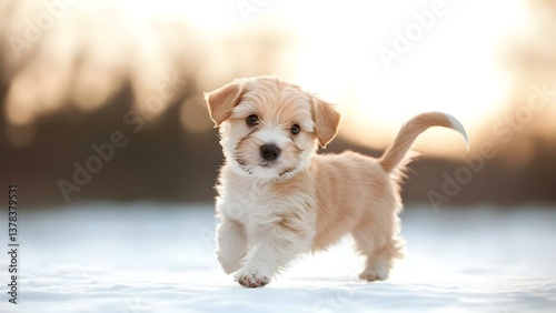 A playful puppy with fluffy fur walks in the snow, illuminated by soft sunlight. Concept Playful Puppy, Fluffy Fur, Snowy Landscape, Soft Sunlight, Winter Adventure