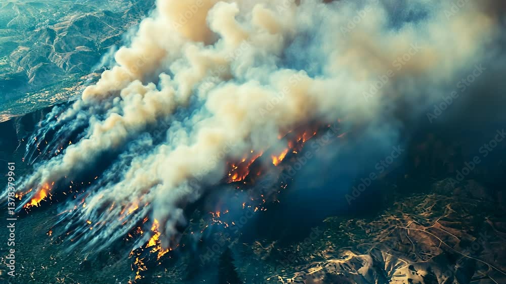 Wildfire spreads rapidly across the hillside causing thick smoke plumes and threatening nearby vegetation