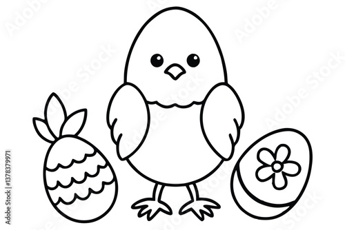 Cute Line Art Chick Standing with Decorated Eggs on white background