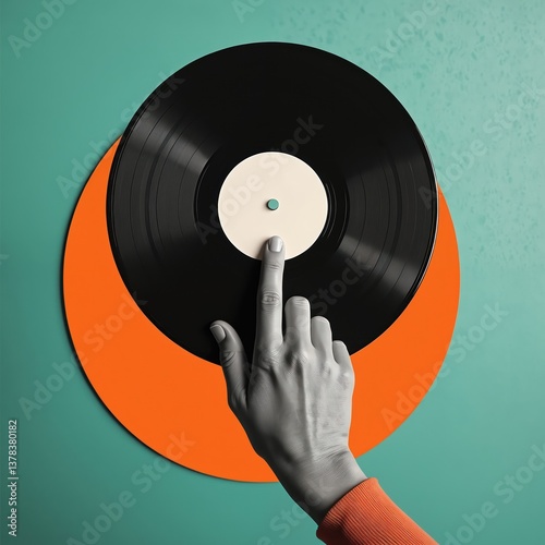 Art collage shows a hand touching vinyl record against a colorful background. Hand pointing at music album. Modern retro design, music lover, artistic, vintage, concept, cool background.