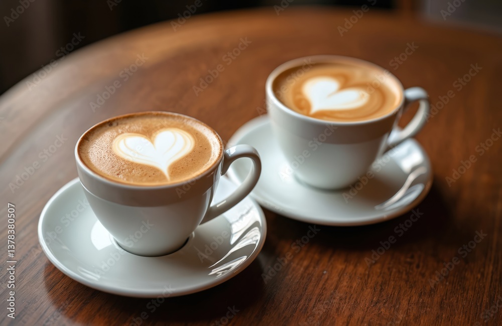 Two cups hot latte coffee with heart-shaped latte art. Romantic Valentine Day concept for coffee lovers. Morning drink in cafe. Delicious caffeine beverage with milk froth foam on wooden table. Two cups hot latte coffee with heart-shaped latte art. Romantic Valentine Day concept for coffee lovers. Morning drink in cafe. Delicious caffeine beverage with milk froth foam on wooden table.